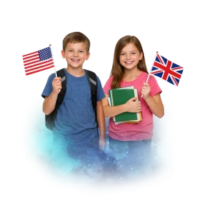 Dvě děti drží vlajky USA a Velké Británie