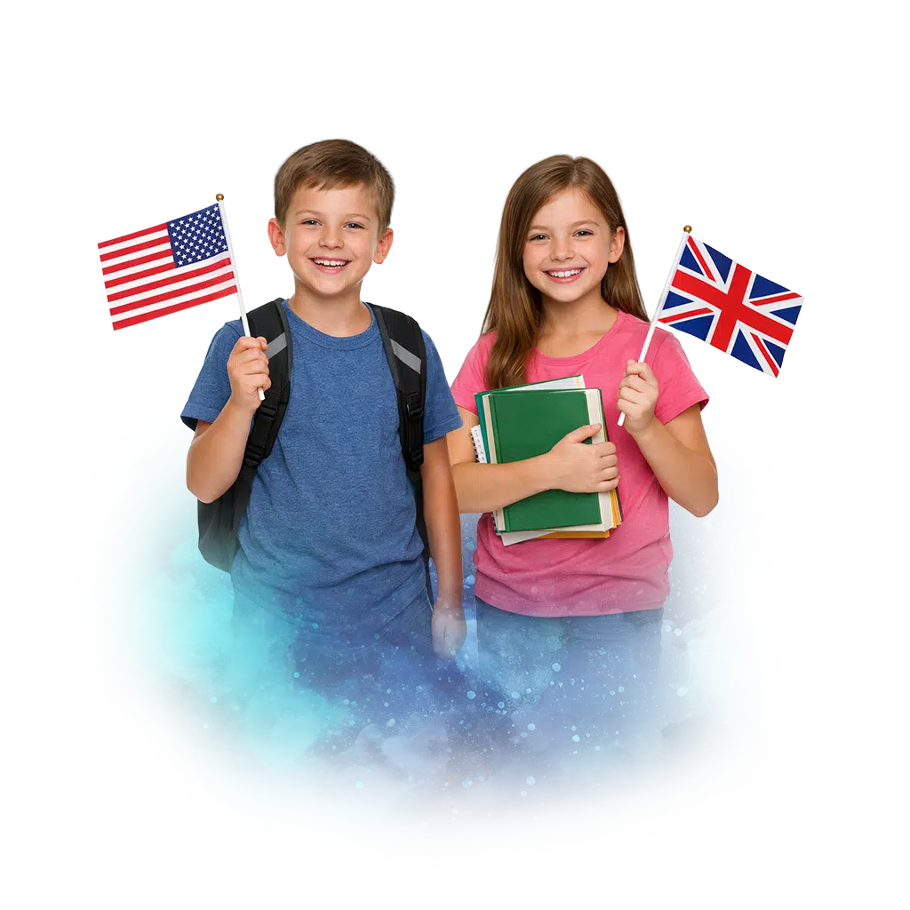 Dvě děti drží vlajky USA a Velké Británie