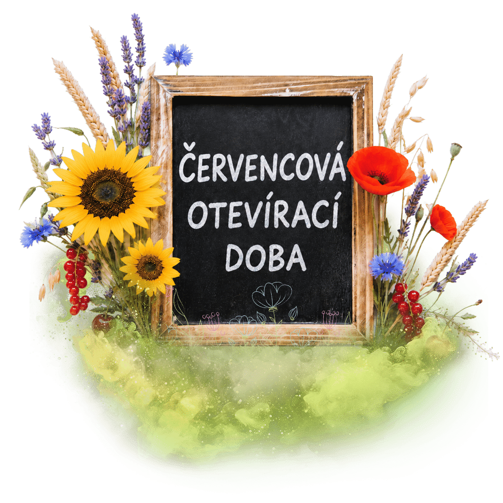 Tabule s nápisem "Červencová otevírací doba" obklopená letními květinami a obilím.