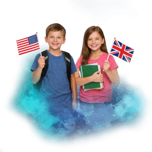 Dvě usměvavé děti s vlajkami USA a Velké Británie, držící učebnice, na barevném pozadí.