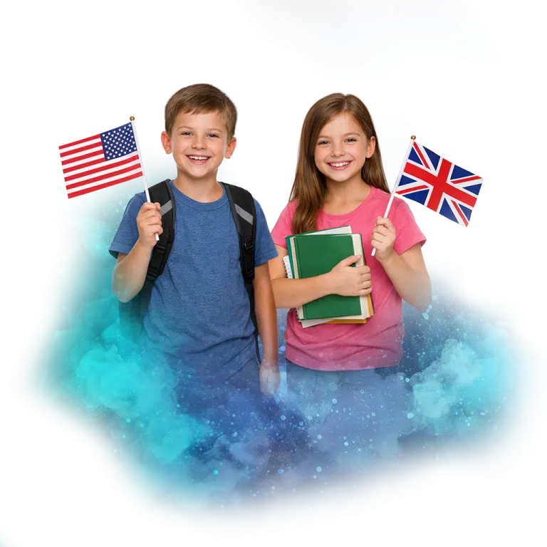 Dvě usměvavé děti s vlajkami USA a Velké Británie, držící učebnice, na barevném pozadí.