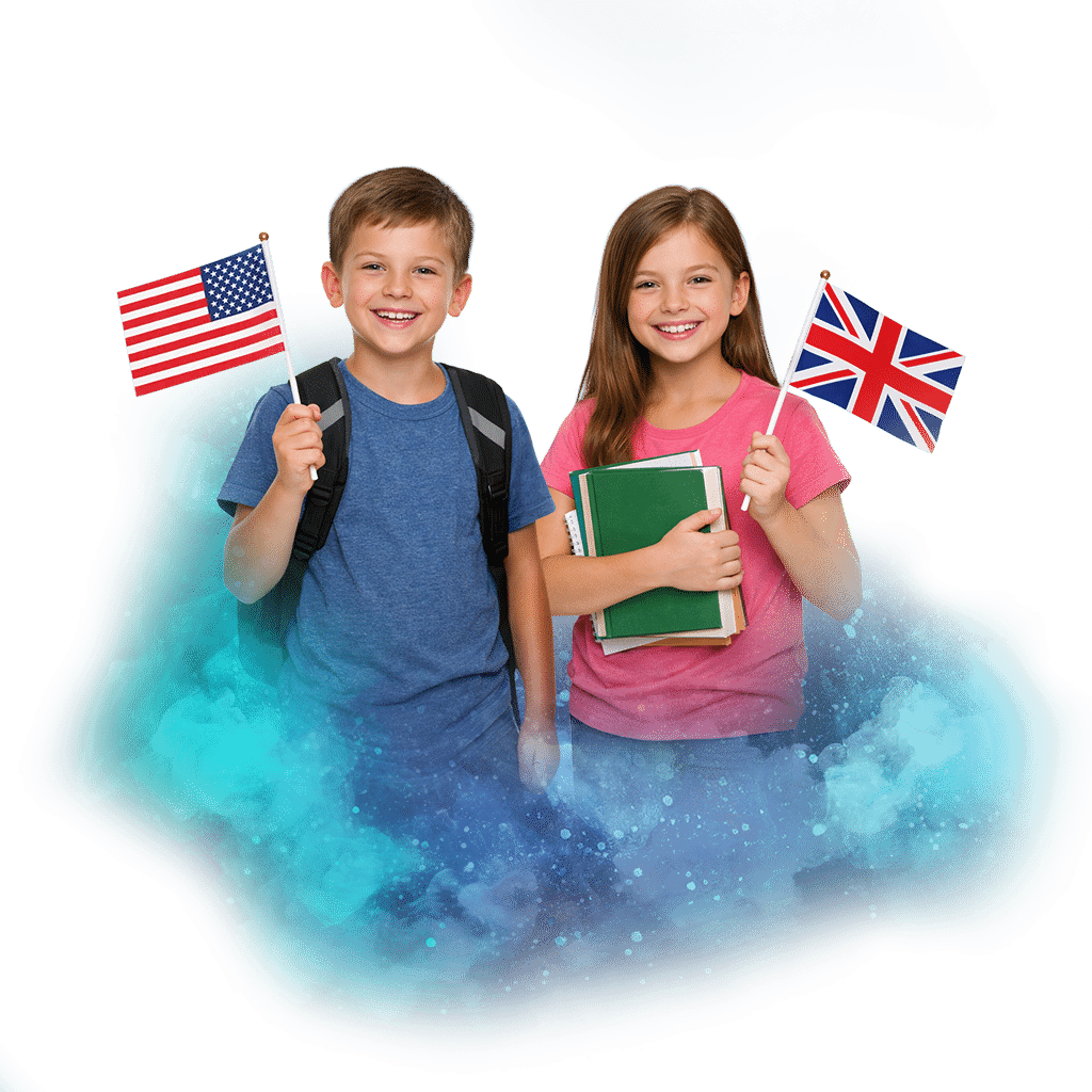 Dvě usměvavé děti s vlajkami USA a Velké Británie, držící učebnice, na barevném pozadí.