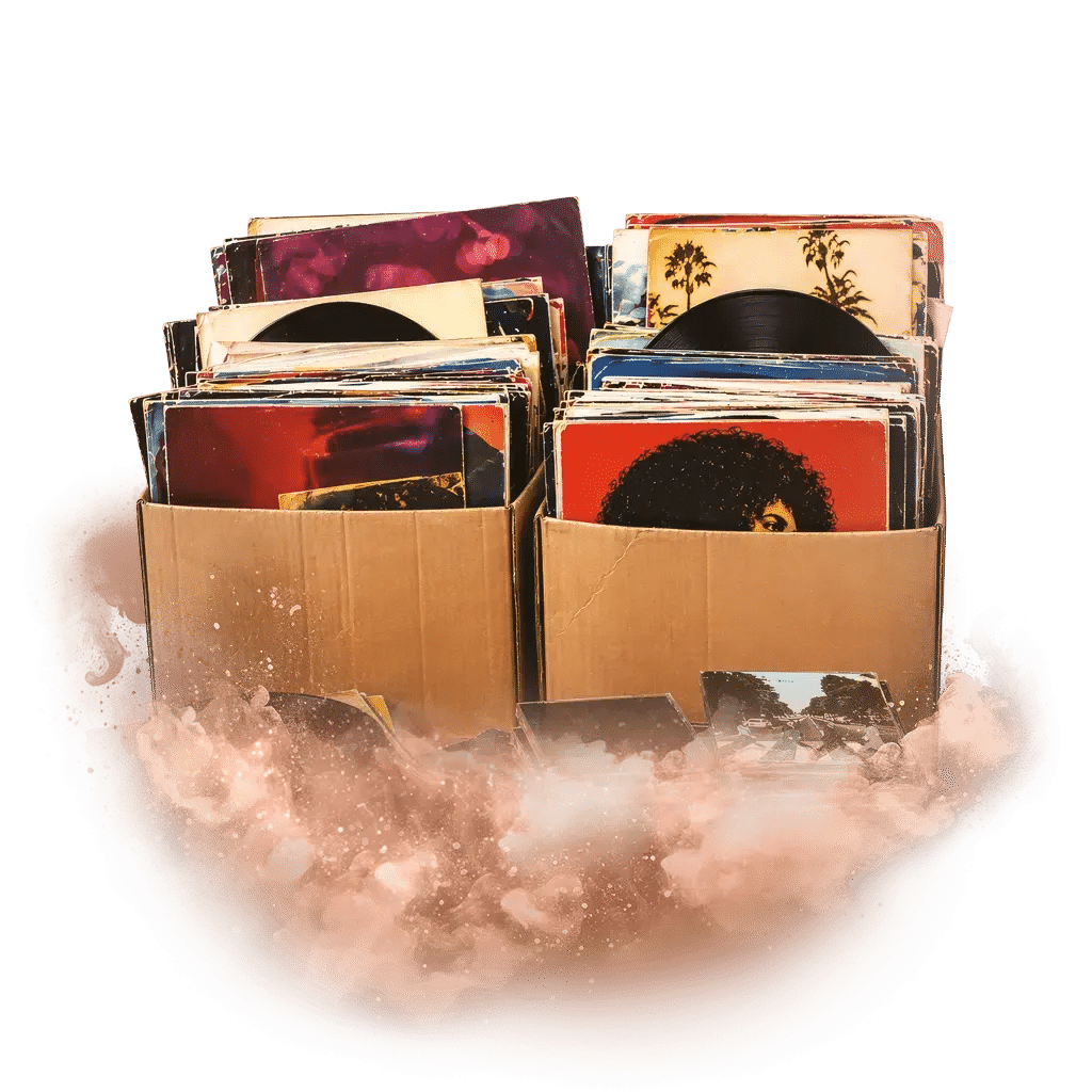 Dvě krabice plné vinylových desek s různými obaly, připravené pro burzu LP a CD.