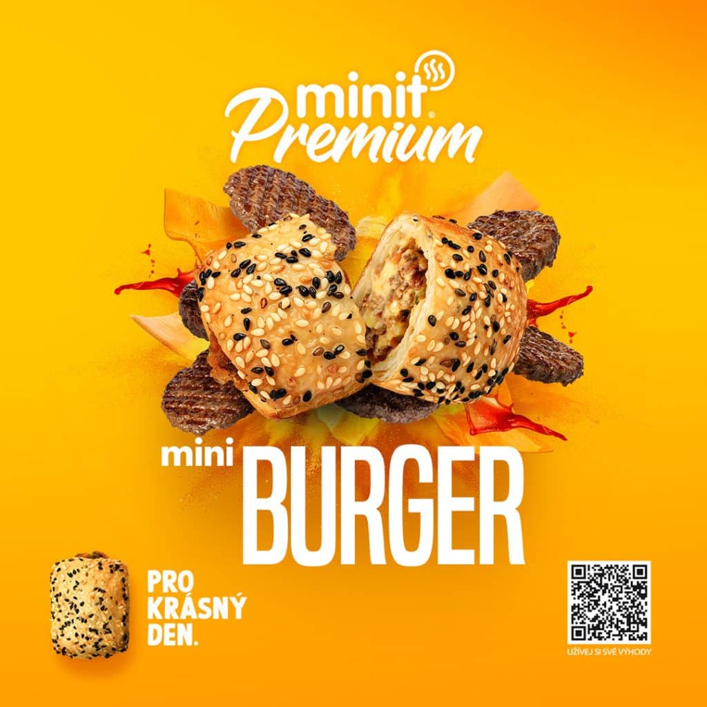 Žluté reklamní zobrazení mini burgru se sezamovým semínkem