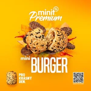Žluté reklamní zobrazení mini burgru se sezamovým semínkem