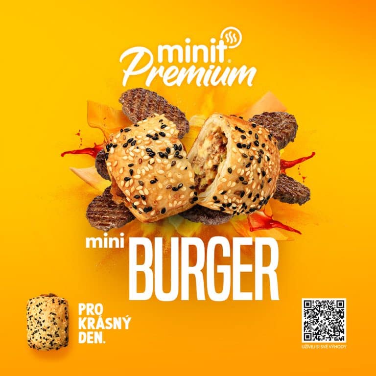 Žluté reklamní zobrazení mini burgru se sezamovým semínkem